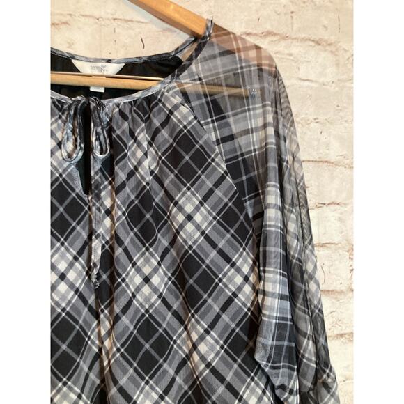 Terra & Sky Babydoll Top Womens 1X Gray Plaid Mesh Balloon Sleeve Ruffle Boho - Picture 5 of 12